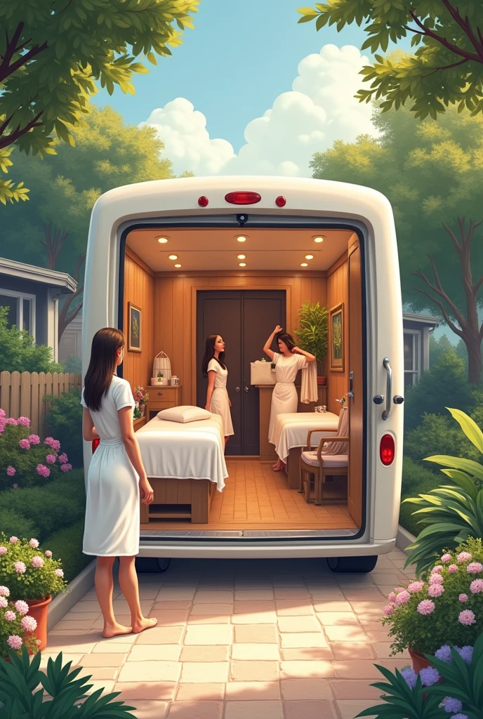 Illustrates a home spa vehicle with spa items being unloaded. Show people, including girls in charge of the spa, entering through the door of a house with stretchers, chairs and other spa items. Highlights how they are setting up the space to transform it into an oasis of luxury.
