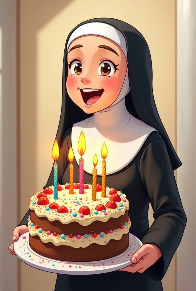 A cartoon nun with a birthday cake