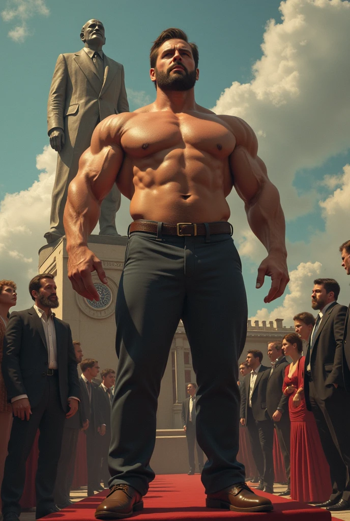 a bearded man standing on a stage with a man in a suit, a statue of Karl Völker, reddit, renascentist, chris evans as a bodybuilder, Tom Cruise torso, Joe Biden musculoso, what figure, muscular!!, Ryan Reynolds as a bodybuilder, exaggerated muscular physique, full body standing Tom Selleck, exaggerated physique