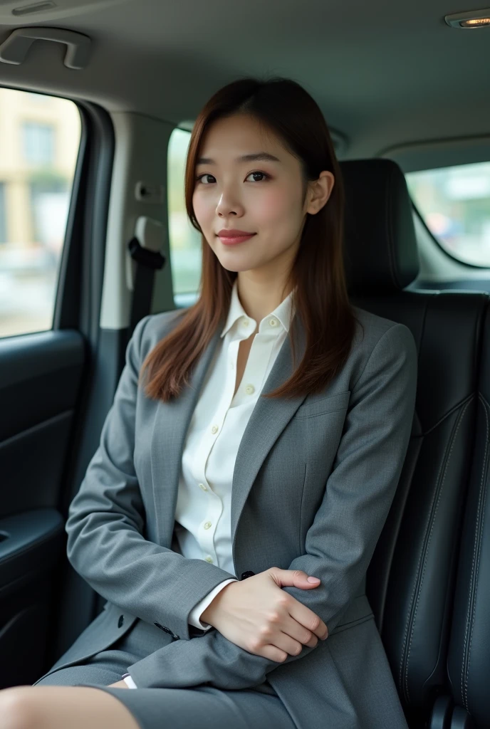 Company car,Woman in a suit,Grey suit,skirt,20th Generation,Japanese women,Passenger seat of a car,Light vehicle,Sitting in a car seat,Clear skin,Real,Brown Hair,Big Breasts,Shortcuts,White inner