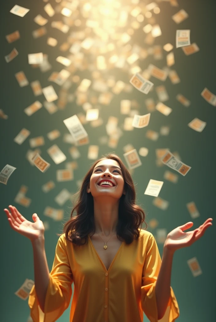 A beautiful Malaysian girl smiles happily, looks up, and spreads her arms, waiting to receive money, which is falling from the sky in large amounts. 