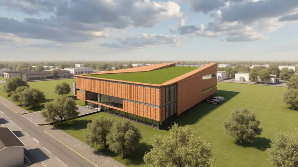 Futuristic design of museum, brick color, in a small town, cloudy weather, super realistic photo, high resolution