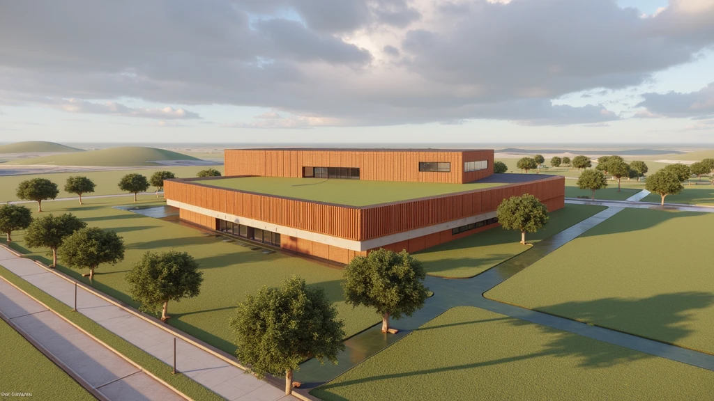 Futuristic design of museum, brick color, in a small town, cloudy weather, super realistic photo, high resolution