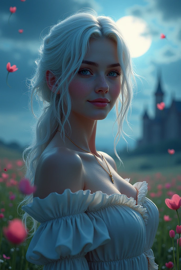 masterpiece, best quality, 1girl, (colorful),(finely detailed beautiful eyes and detailed face),cinematic lighting,bust shot,extremely detailed CG unity 8k wallpaper,white hair,solo,smile,intricate skirt,((flying petal)),(Flowery meadow) sky, cloudy_sky, building, moonlight, moon, night, (dark theme:1.3), light, fantasy,