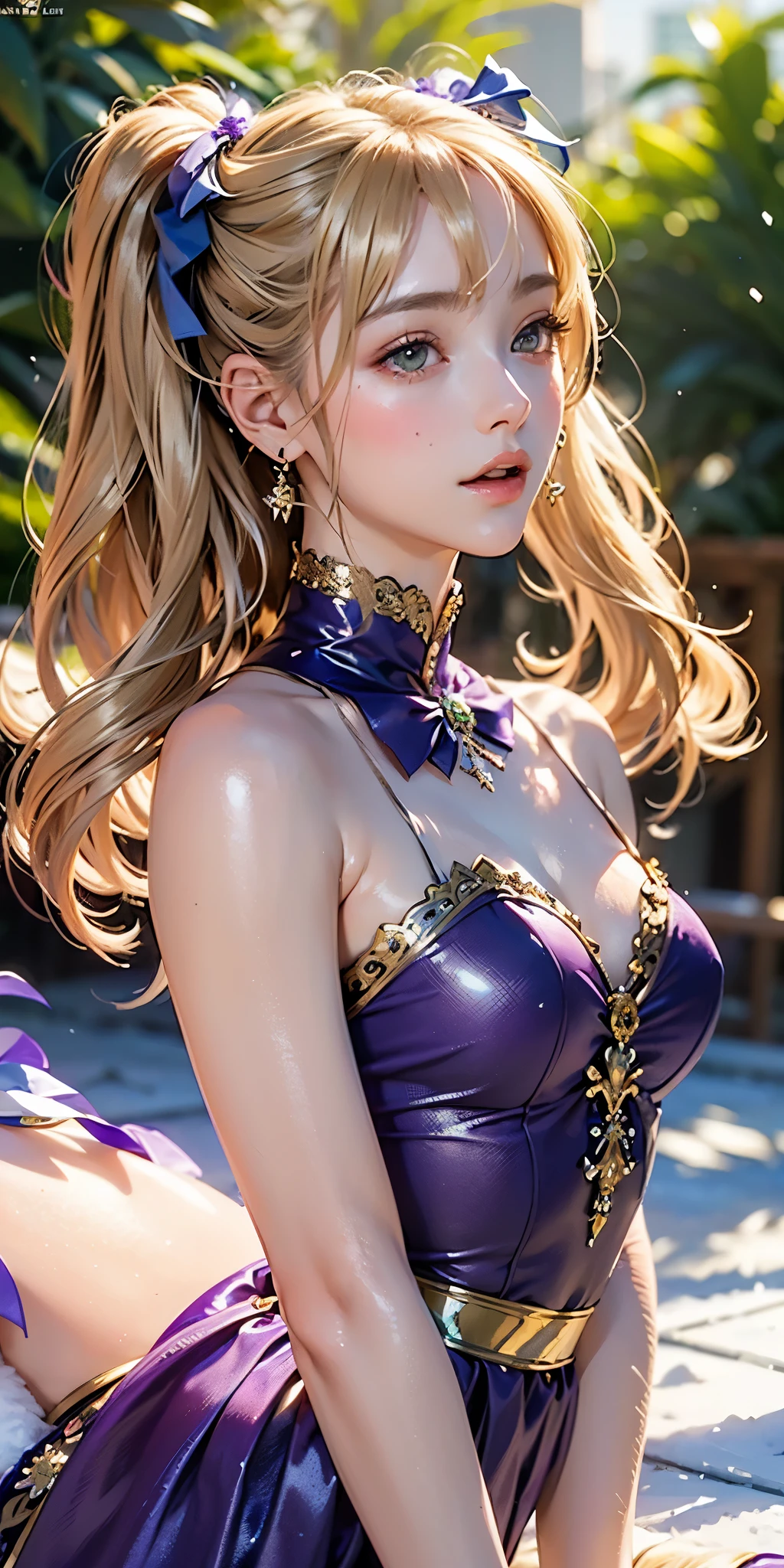 masterpiece, Highest quality, Highly detailed CG Unity 8k wallpaper,((Upper Body)) ,((Upper Body head close-up shot of a beautiful little girl)), , Elegant long straight blonde hair, (Mckenna Grace), ((Flat Chest,Thighs,Self-illuminating skin)),transparent (Purple green) Golden (Sparkly tutu,long rabbit ears headgear, , bow tie, No pants, Genitals are visible), ((Sitting,Spread your legs)),(), (blush), , (), (Ice and snow world), Pretty face, Key Art, Awards, intricate detail realism hdr, by (Luan Jia, Altgerm and Range Murata), Photorealism, Hyperrealism, Ultra-realistic, Dramatic Light, Strong Shadows, Nice views, Depth of written boundary