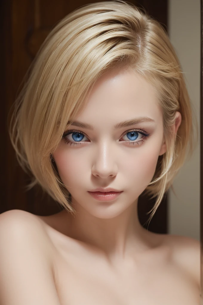 (topless:1.3),(masterpiece: 1.2, Highest quality), Realistic, (Realistic Picture, Intricate details, Depth of written boundary), Highest quality, masterpiece, Very detailed, Semi Realistic, 1 girl, Mature Woman, 2, Blonde Short Hair, The left eye is covered with hair, blue eyes, King&#39;s Clothes, Red Cape, Slim figure, A crown made of precious gold, Document reading and markup, Goose hair pen, Office Table, Soft bench