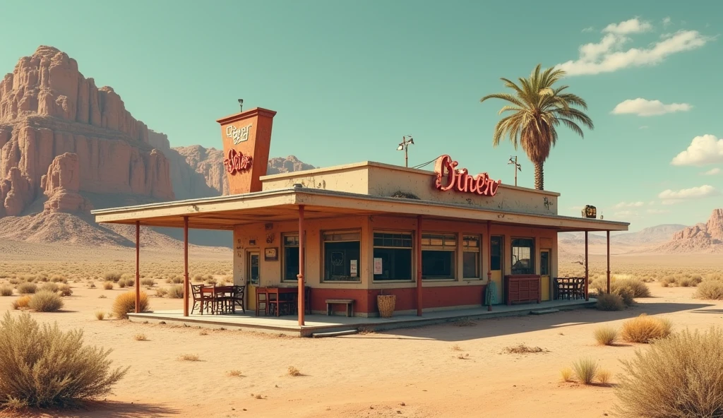 background、1920s、In front of the desert diner、Retro、unmanned、perfection、
