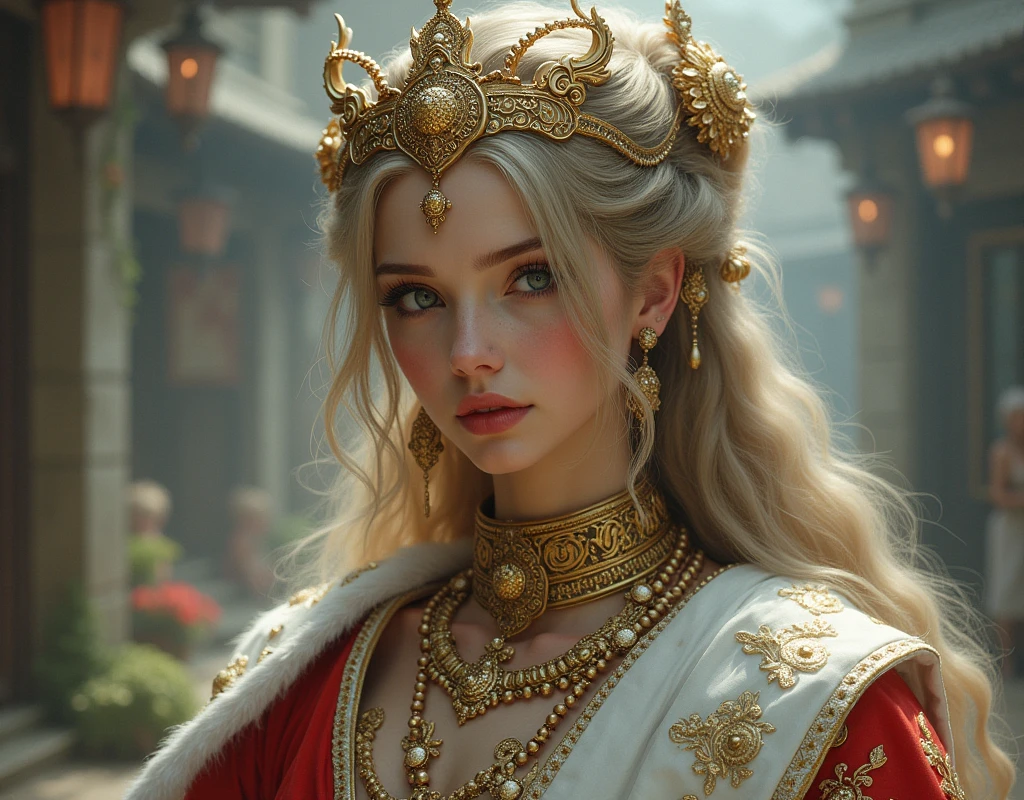 masterpiece,Highest image quality,Super details,best quality ,extremely delicate and beautiful, Very detailed,best quality, official art, Extremely detailed CG unified 8k wallpaper, Ana de Armas portrait photo, Blonde hair with black pupils,shiny skin, (beautiful eyes:1.1), beautiful skin, big watery eyes,(detailed lighting:1.2), (Beautiful and detailed light:1.3),The noble goddess wearing flaming red and black holy clothes,Intricate Flame Shroud Details,Gorgeous and complex hollow ultra-thin flame dress,Beautiful udder, The most perfect breast shape,firm breast,Deep cleavage,Naked of breast,complex, digital drawing, Smooth, sharp focus, end of the world, epic reality, (high dynamic range:1.4), (pastel colors:1.4), Revelation,Bright colors, screen space refraction, (intricate details, Super detailed:1.3), art station, lens, complex background, buliding,Beautiful smile,The most beautiful look,Dreamcatcher earrings,The best look,The noble, beautiful and dignified goddess of fire,Flower laurel,