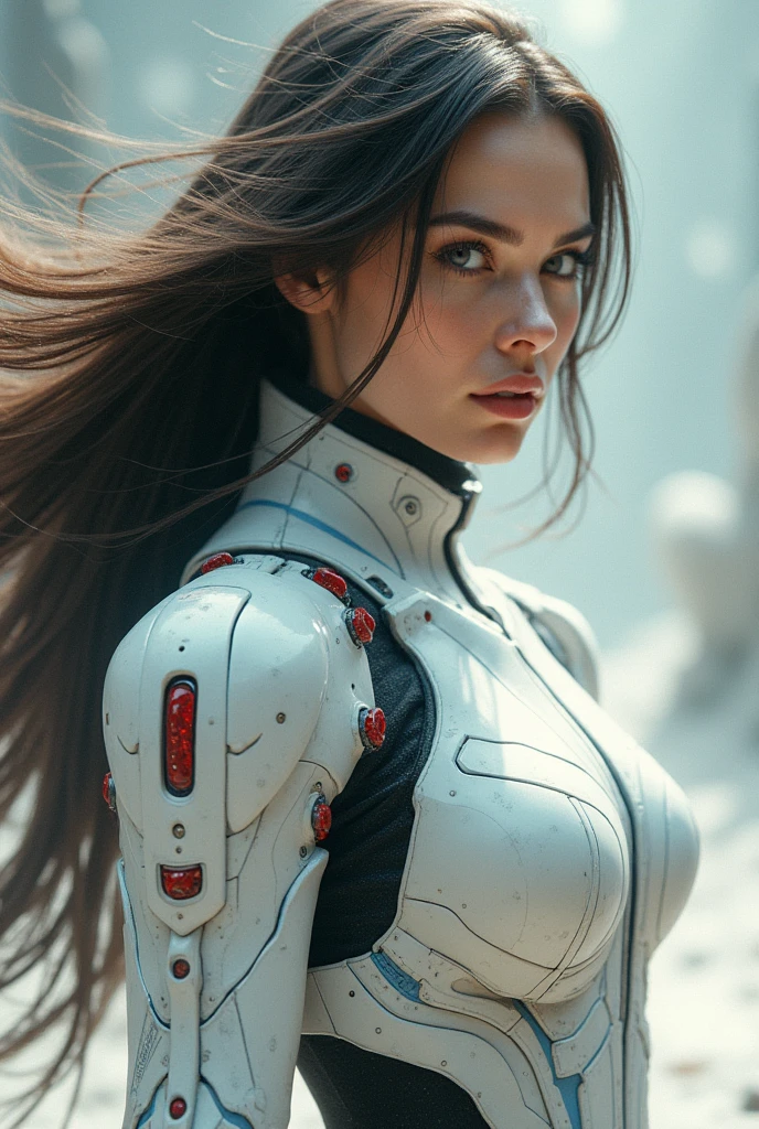 front_watch, Masterpiece, best quality, realistic, raw photos, (1 girl, looking at watcher), long hair, White mechanical armor, Complex armor, The pattern is a delicate blue line., Intricate patterns, Red metal parts, As for the details, dynamic gesture, Detailed background, dynamic light,