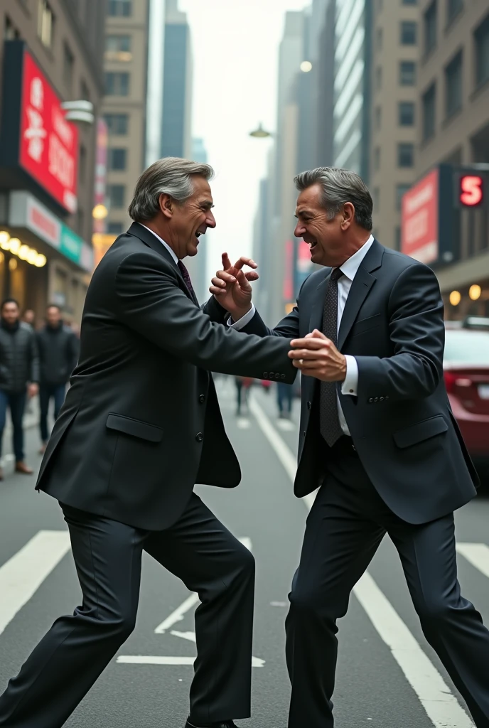 Two gentle man are fighting each other in road most realistic photo