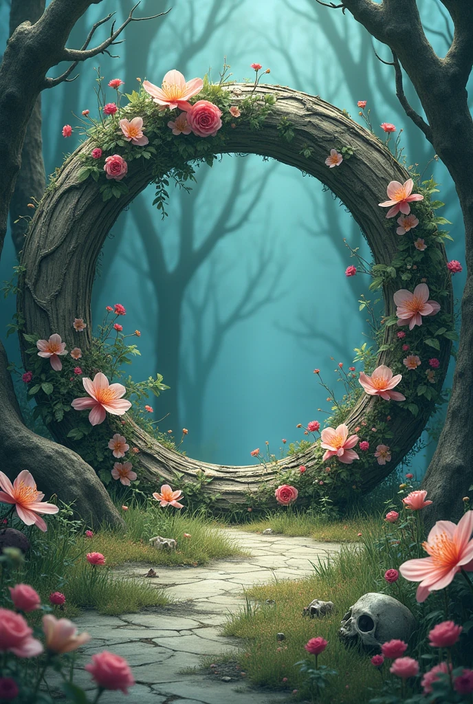 Celluloid style,Japanese anime style,With flowers,Bone,Grass,Dead Branches,The ring composed。{The focus of the composition is on the outside of the ring:1.4},{There is a large blank space in the middle of the ring:1.4}