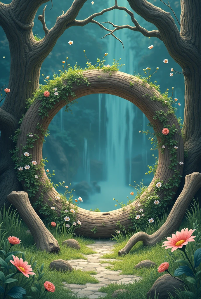 Celluloid style,Japanese anime style,With flowers,Bone,Grass,Dead Branches,The ring composed。{The focus of the composition is on the outside of the ring:1.4},{There is a large blank space in the middle of the ring:1.4}