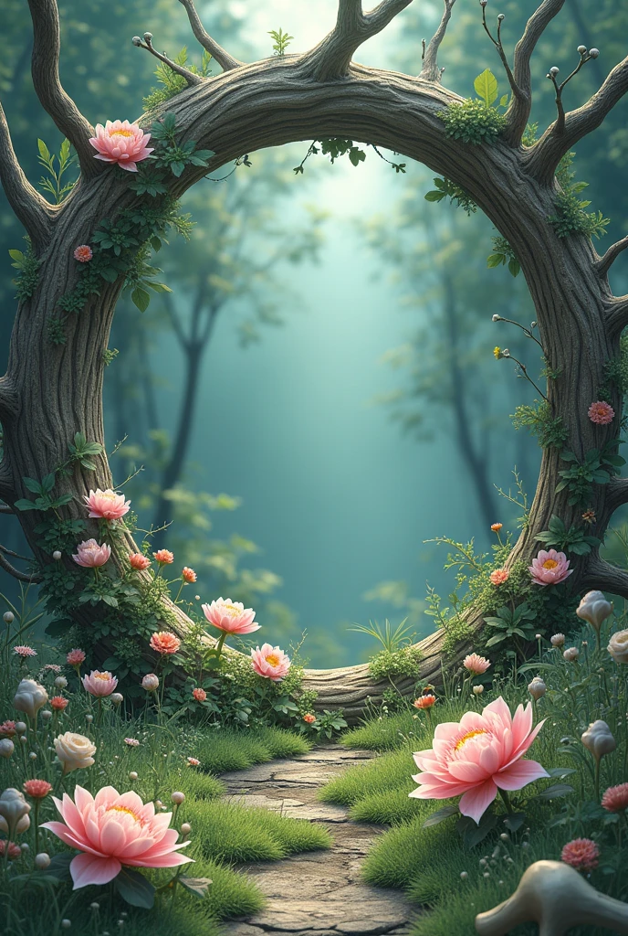 Celluloid style,Japanese anime style,With flowers,Bone,Grass,Dead Branches,The ring composed。{The focus of the composition is on the outside of the ring:1.4},{There is a large blank space in the middle of the ring:1.4}