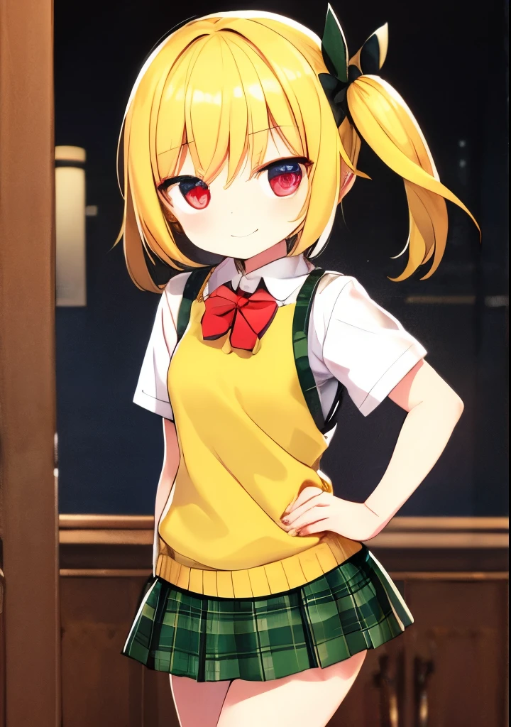 One Girl, Green Skirt, Plaid, Checked Skirt, Southwest High School Uniform, Uniform, Skirt, Sweater Vest, (Yellow Sweater: 1. 3), Short Sleeves, Cartoon Character, Curvy, Cute Face, Full Smile, Strong Eyes, Lots of Eyes, Tender Loving Face, Bright Expression, Twin-tailed Blonde Hair,. red ribbon, wearing red ribbon, clown costume, wearing clown costume, open hand, face in focus, front view, red eyes, two hands, five fingers, no shadow on background, high quality