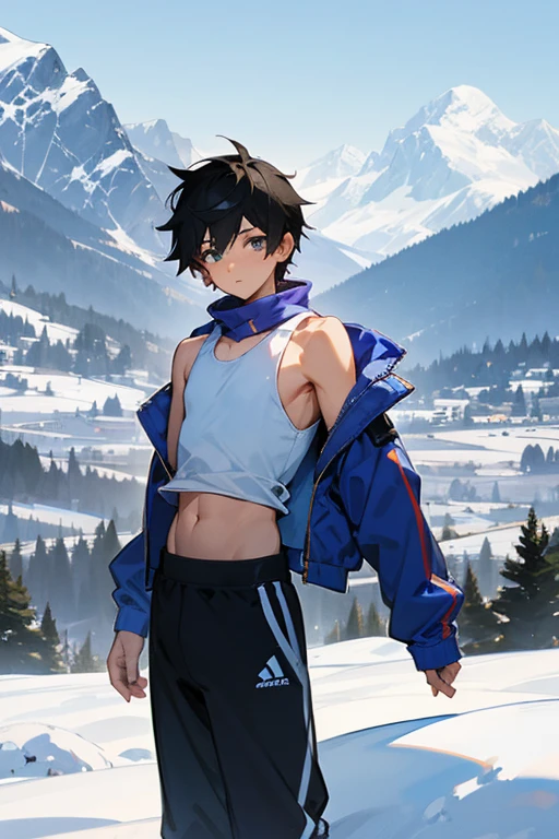 Snowy mountains in the background、An  standing wearing a tight white racerback tank top、The sleeve opening of the tank top is wide、tall、Handsome、The navel is slightly visible、There&#39;s snow on my shoulders