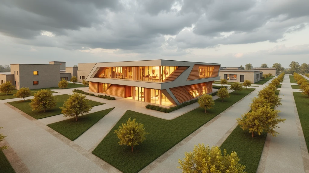 Futuristic design of museum, brick color, in a small town, cloudy weather, super realistic photo, high resolution