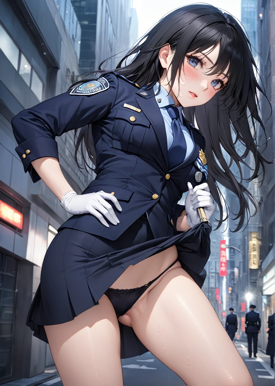 Highest quality、masterpiece、8k、Realistic、超High resolution、Very delicate and beautiful、High resolution、Cinema Lighting、medium range shooting、Perfect female body、Beautiful woman、Mature Woman、Beautiful Eyes、Cityscape、(Long Hair:1.8、Black Hair)、((Female police officer:1.4、紺色のFemale police officer、Female police officerの制帽、Uniform Buttons、Navy blue tie、Jacket、White gloves))、Pencil Skirt、Stiletto heel pumps、badge、Epaulettes、thin、Flat Chest、((Butt、Flip up the skirt))、((Showing panties))、blush、Embarrassing、Sweat、Haa、