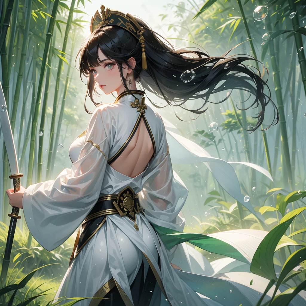 a beautiful woman black-haired female general holding a large sword in ancient Chinese general costume, the back-white is a lush green bamboo forest. the air after rain has water droplets splashing around.