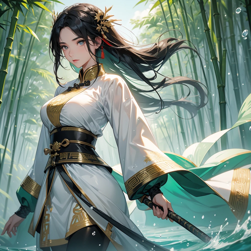 a beautiful woman black-haired female general holding a large sword in ancient Chinese general costume, the back-white is a lush green bamboo forest. the air after rain has water droplets splashing around.