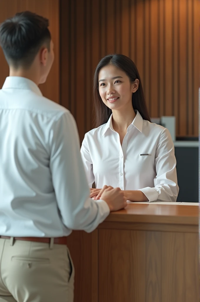 Interview at reception in white shirt and beige trousers uniform 