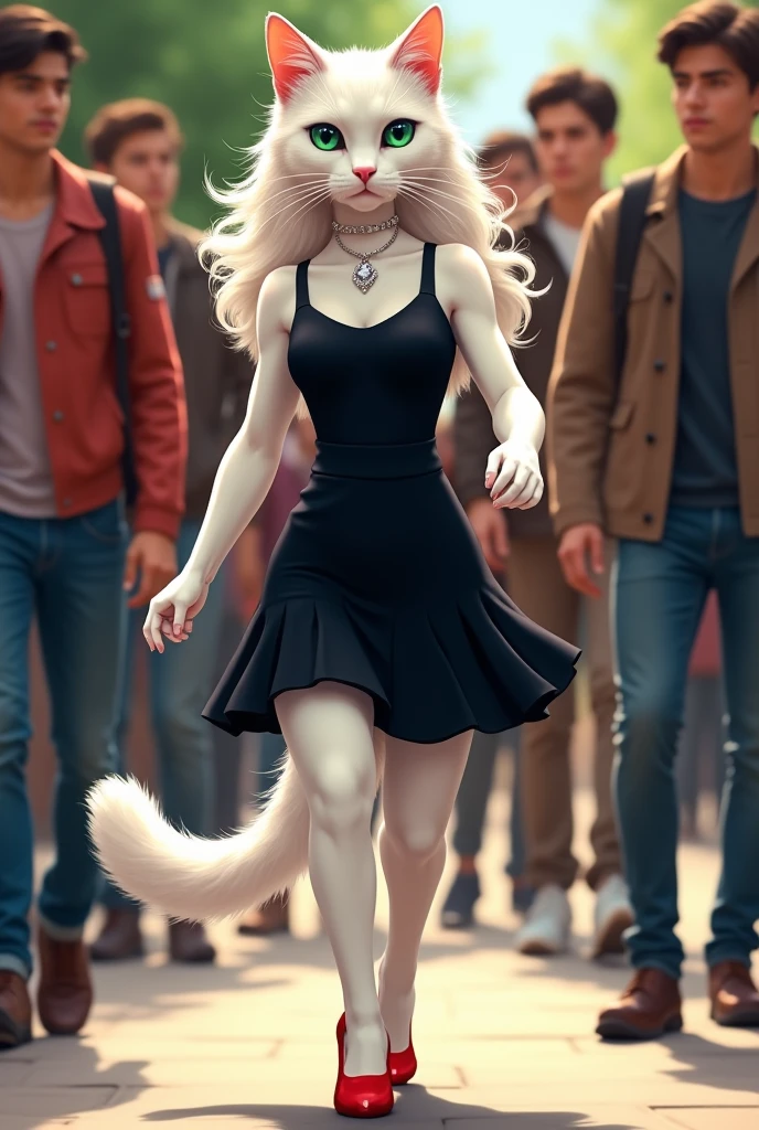 Meet our heroine, a smiling sleek snow white cat dressed in fashionable black modern dress and red high heels with piercing emerald eyes and a pink nose. Her fur is styled in loose, flowing waves, and she wears a delicate silver necklace with a tiny crystal pendant walking among college boys flaunting her beauty with proud