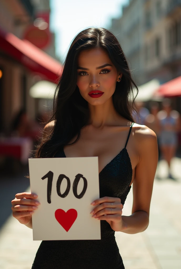 photo realistic, ultra realistic, masterpiece, best quality, highres, absurdres, woman in a crowd, wearing a elegant tight slit dress, long black straight hair, elegant perfect hair, (30 years old, hazel eyes, hourglass figure, perfect fit body, natural big breasts), crimson red lipstick, femme fatale, she is a sex icon, she is a sex goddess, long eyelashes, cat-eye make-up from below, revealing clothes, skindentation, outdoors, sunlight, street, looking at viewer, blush, full body pictureshe is holding a sign with "100" writtin in cursive on it with a red heart next to it, she is smiling at the camera