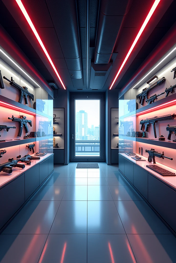 Modern gun shop entrance hall, anime style art, without people