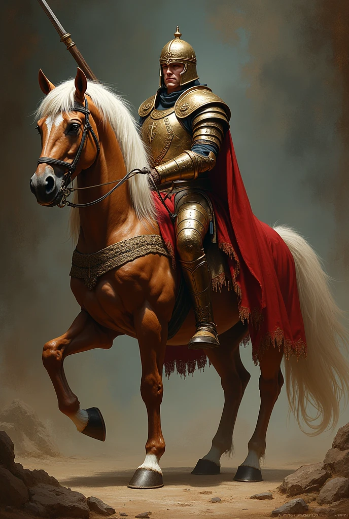 The Centaurs:The upper body is human and the lower body is horse,, heraldic horse robe, long spear, battle helmet, medieval painting, portraits,