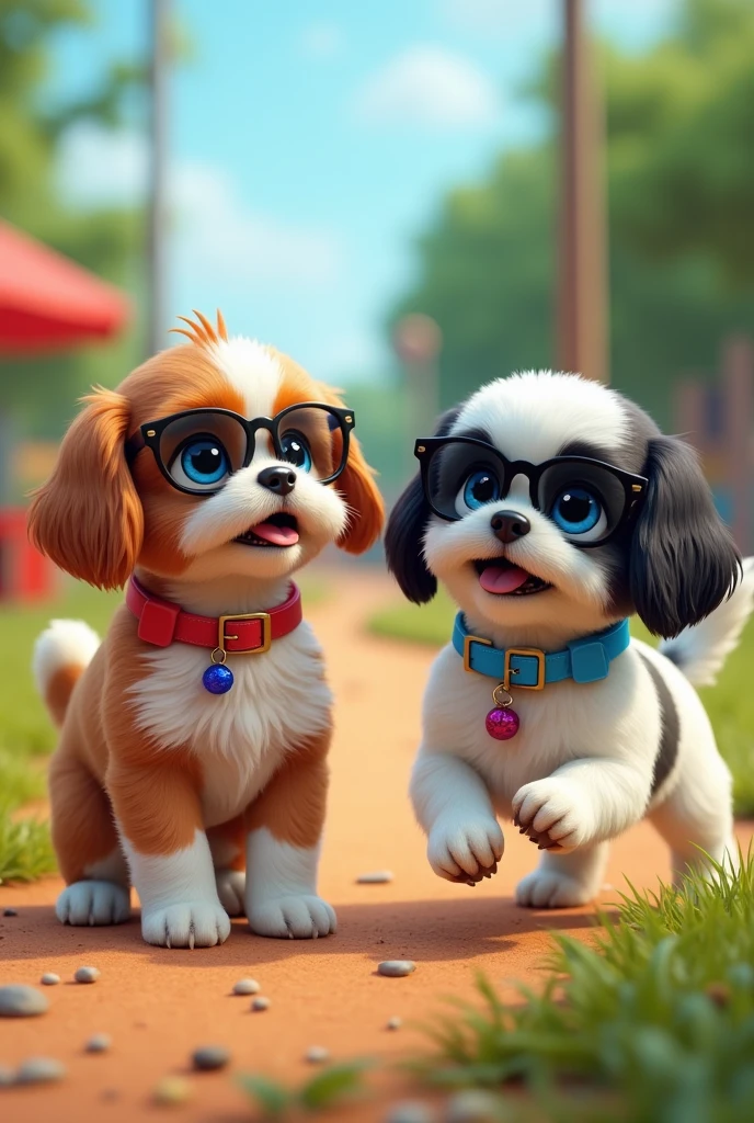 Adorable red shih tzu puppy and blue shih tzu puppy with blue eyes wearing colorful collar and sunglasses playing at dog park happy smiling playful 3D Pixar Style