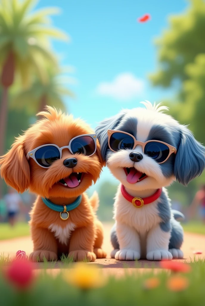 Adorable red shih tzu puppy and blue shih tzu puppy with blue eyes wearing colorful collar and sunglasses playing at dog park happy smiling playful 3D Pixar Style