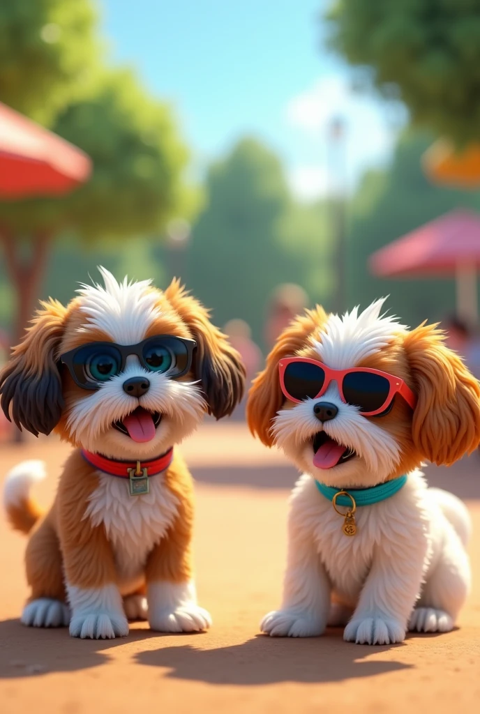 Adorable red shih tzu puppy and blue shih tzu puppy with blue eyes wearing colorful collar and sunglasses playing at dog park happy smiling playful 3D Pixar Style