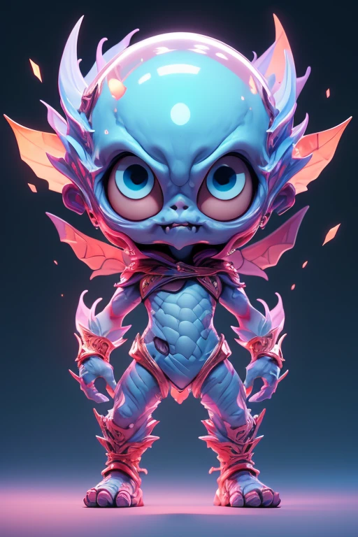 Create a monster image, a small, big-headed, baby monster.. The body is transparent and can be seen through. The image is sharp and detailed., with beautiful colors.. With arms, leg, eyes, mouth, พื้นหลังสีlegว