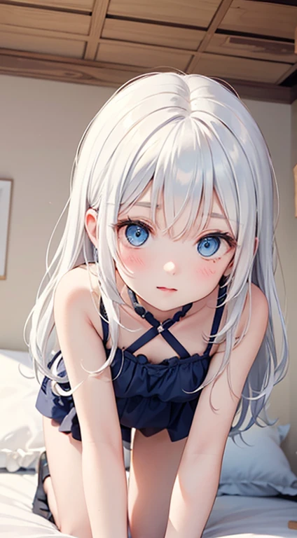 1_girl, Long white hair, Blue Eyes, Small breasts, Sexy pose wearing white, cushion, Lots of light, On all fours、Covered by the camera、White liquid on the face、Jumping on a man&#39;s face、Stick your butt out、I can see the nipples、Eating long sausages with relish