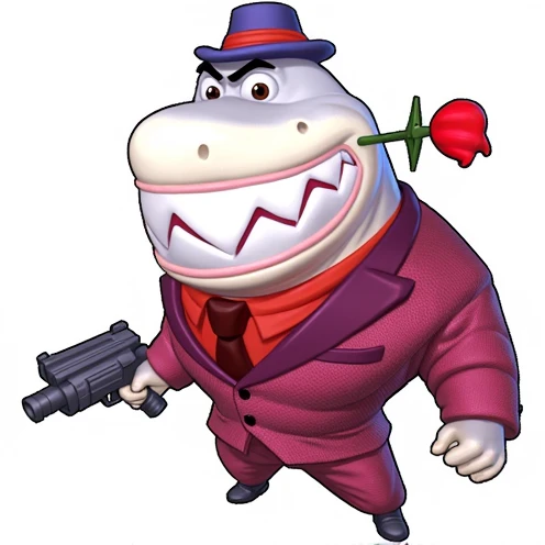 cartoon character of a shark dressed in a suit and hat holding a gun, fujita goro!, hamburglar, mobster, an anthropomorphic gangster rat, half shark alligator half man, falco lombardi from starfox, kingpin, machiavellian, mafia, from sam and max, anthropomorphic shark, anthropomorphic gangster rat, 8k, film

