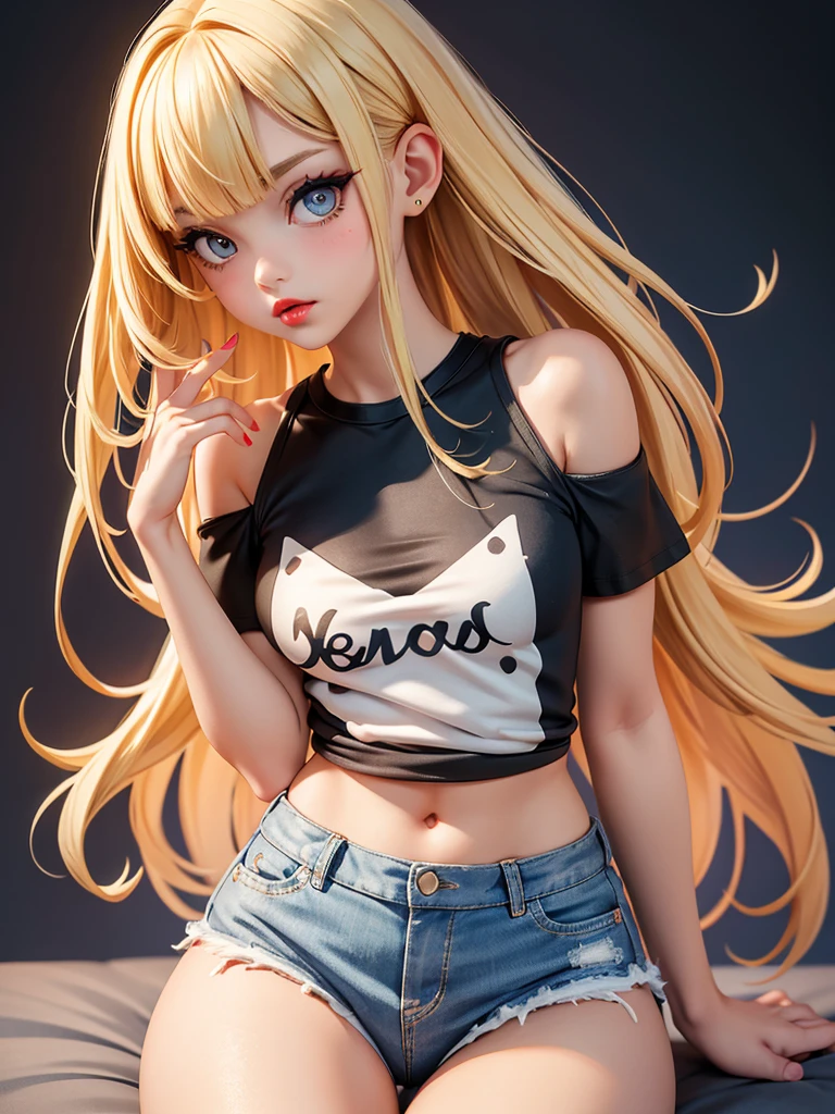 hyperrealistic 14 year old american teen, blonde, perfect tiny body, sexy, dark makeup, perfect slim face, big red lips, very cute face, tiny body, big eyes, young looking, childish looking, sexy pijama, two ponytails, nice tits, full body
