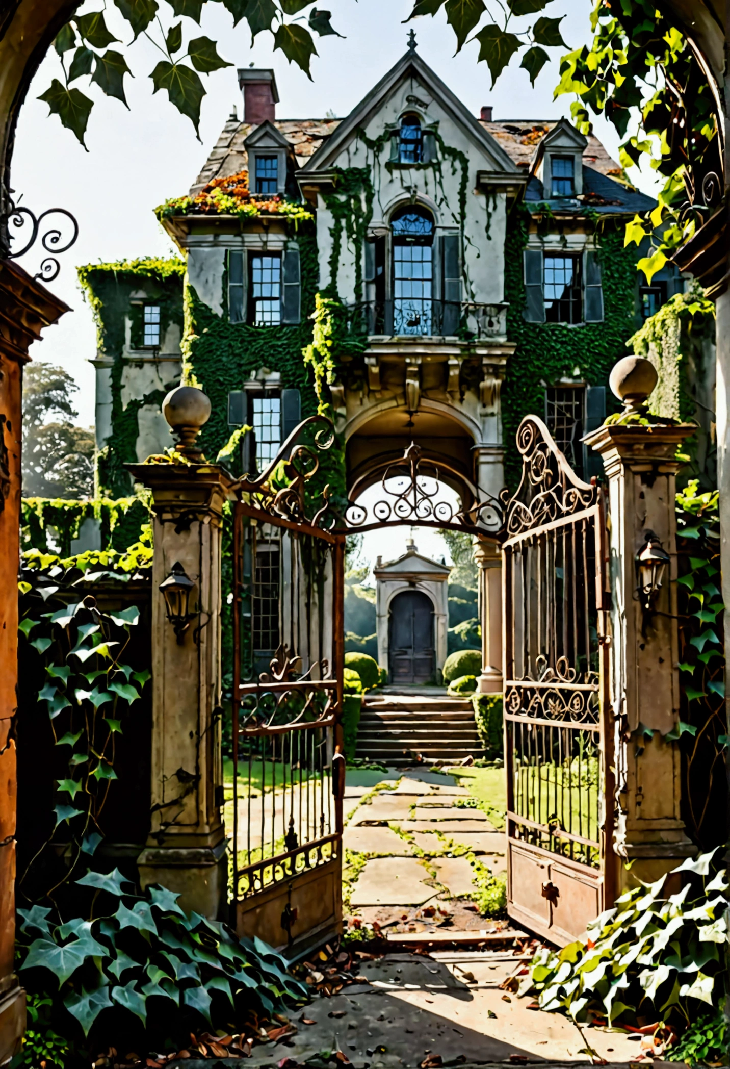 The mansion appears eerie with broken windows, ivy-covered walls, and a rusty, creaking gate.