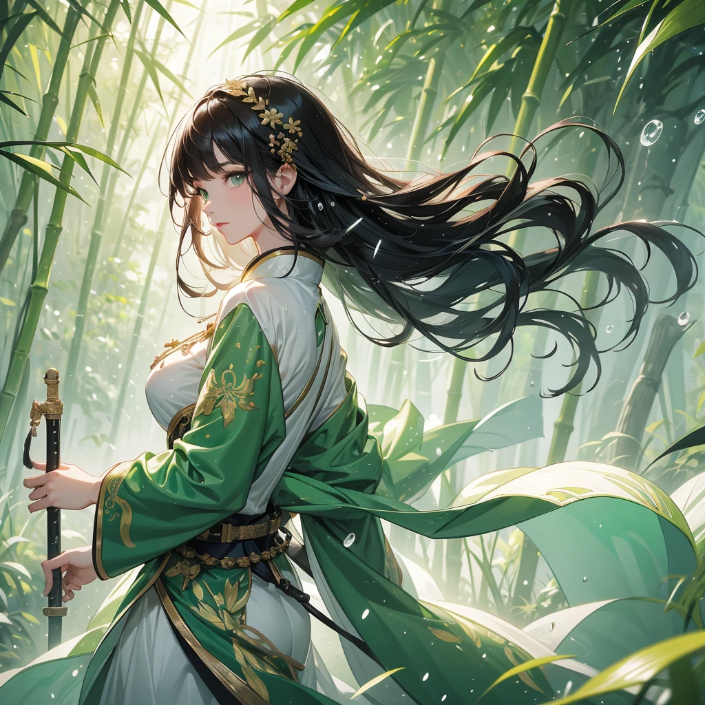 a beautiful woman black-haired female general holding a large sword in white-green ancient Chinese general costume, the back is a lush green bamboo forest. the air after rain has water droplets splashing around.