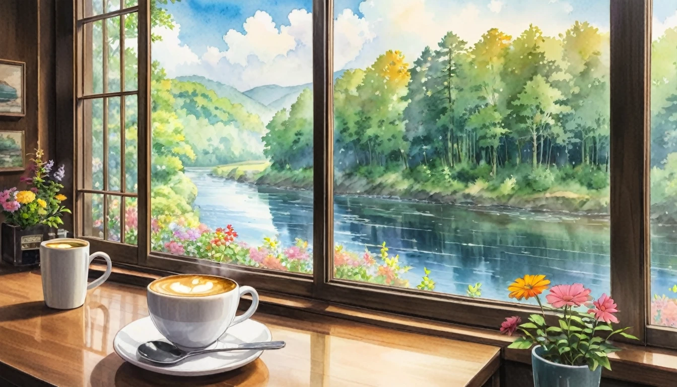 In a coffee shop, outside you can see the forest, the river, the Ghibli watercolors, zoom in on a cup of coffee, no people, there are flowers in the shop, the window is open.