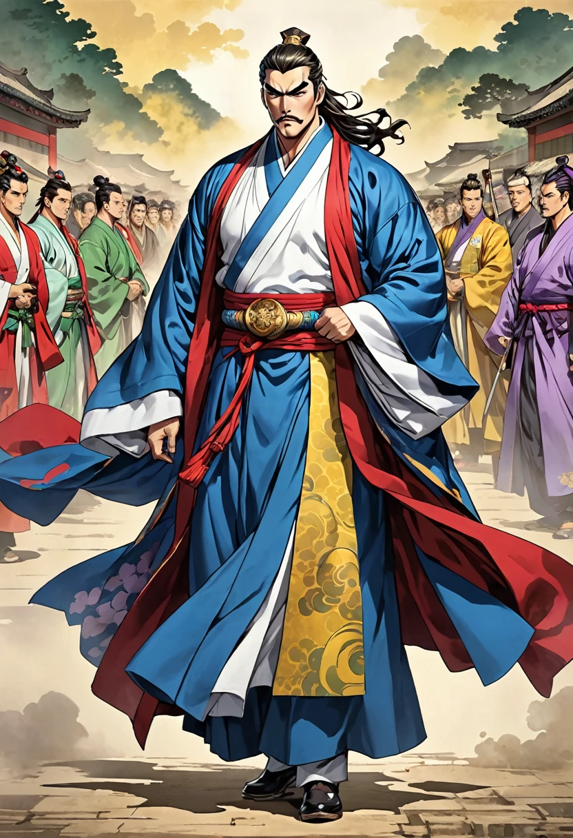 Three Kingdoms Jojo, Long robe, leader, middle aged man, Full body exposed, Looking to the side, Don&#39;t turn your head, traditional chinese dress, One, Gray-toned clothes