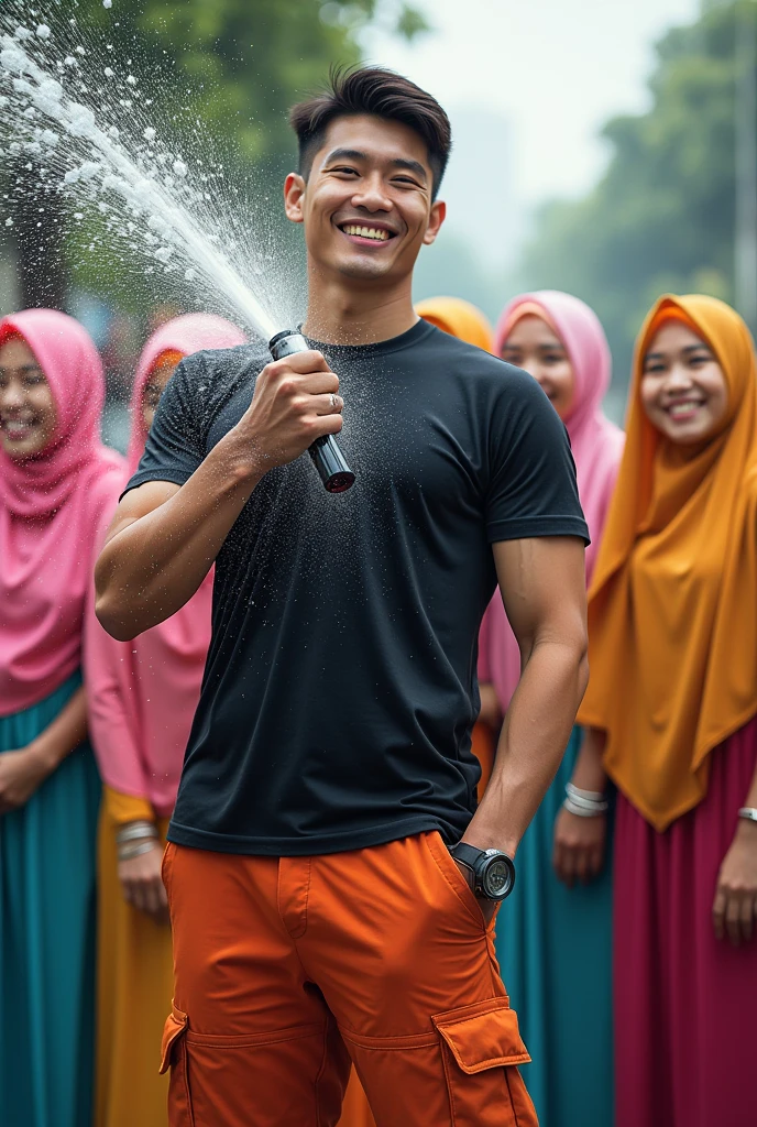 Malaysia guy  2s. Handsome Man wear Blackshirt. Cargo pant orange firefighter jumpsuit. Very muscle body. Holding water hose. Shoot the water to many girl hijab colorfull women cheerfull face..