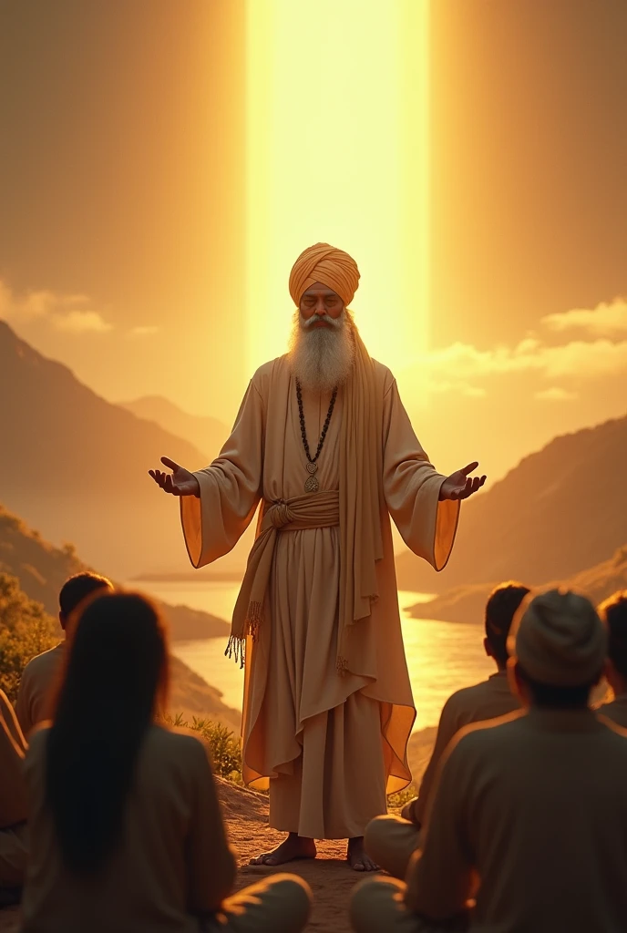 (photorealism:1.2), sikh guru nanak dev ji giving lecture to meditating crowd , golden light at back ,mystic background, calmness on face , large landscape