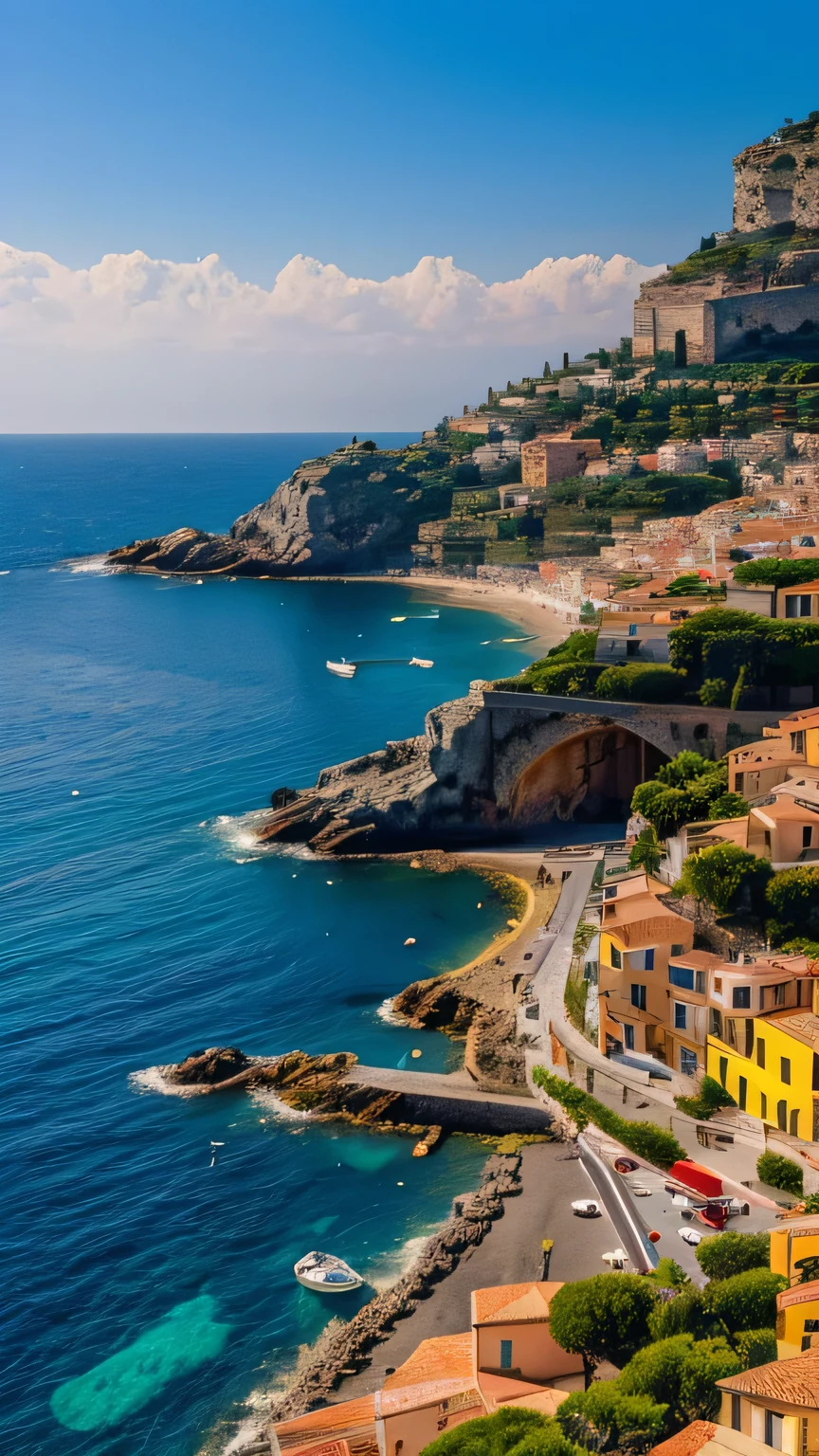 arafed view of a small town on a rocky island, italian mediterranean city, mediterranean city, vibrant and vivid, by Giorgio Cavallon, breathtaking look, mediterranean island scenery, imposing, cliffside town, fine art piece, beautiful, high resolution