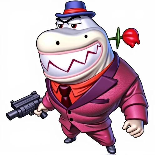 cartoon character of a shark dressed in a suit and hat holding a gun, fujita goro!, hamburglar, mobster, an anthropomorphic gangster rat, half shark alligator half man, falco lombardi from starfox, kingpin, machiavellian, mafia, from sam and max, anthropomorphic shark, anthropomorphic gangster rat, 8k, film