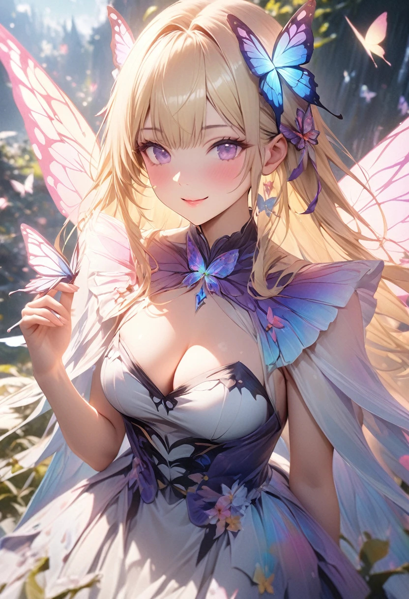 Smile，Take a look，Wide-angle lens，(masterpiece, best quality), (Ultra-high resolution, 8K Original Photo, Photo realism, Textile shading, thin outline), Fairy tale world and wonderland,Colorful、Hair glows，Super detailed, Blurred background, yellow hair, Butterfly, Butterfly hair accessories, Butterfly on hand, Butterfly wing, Cleavage, Fairy, Fairy wing, flower, flight, (glowing Butterfly:1.3), (glowing wing:1.3),hair accessories,insect wing, Lips, light hair, Medium breasts, Motion blur, multicolored wing, nature, pink wing,purple wing, alone, transparent wing, white Butterfly, white wing, wing, yellow Butterfly, wing,dawn精灵,dawn,glow,Glowing wing,skirt,多隻Butterfly,發光Butterfly,Super large wing, 1 girl, eluosi(ideal body proportions),Many layers of clouds in the sky，flower園，flower瓣飄逸