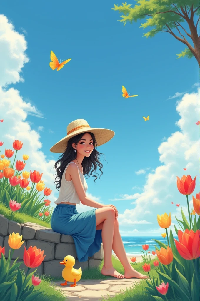 Adult girl in light-colored straw hat and top paired with blue skirt, seated beside a stone wall, gracing the scene with a smile, yellow duck by her side, surrounded by a foreground of colorful tulips, under a blue sky scattered with white clouds, butterflies in mid-flight, digital painting, ultra fine, cinematic.