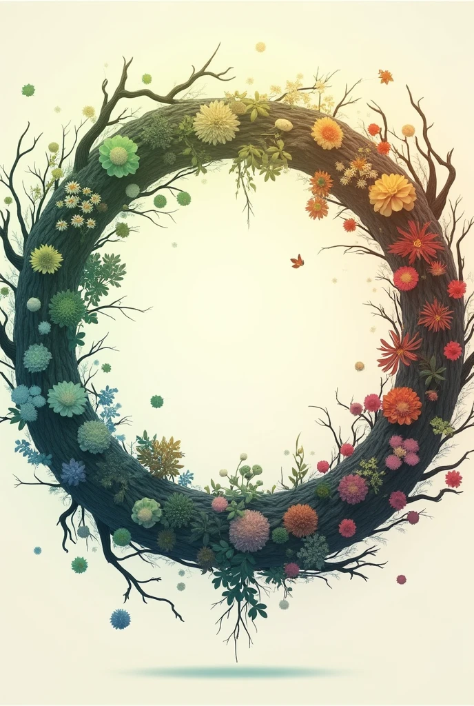 Celluloid style，Japanese anime style，With flowers，Bone，Grass，Dead Branches，The ring composed。{The focus of the composition is on the outside of the ring:1.4},{There is a large blank space in the middle of the ring:1.4},The ring shows the four solar terms of spring, summer, autumn and winter..