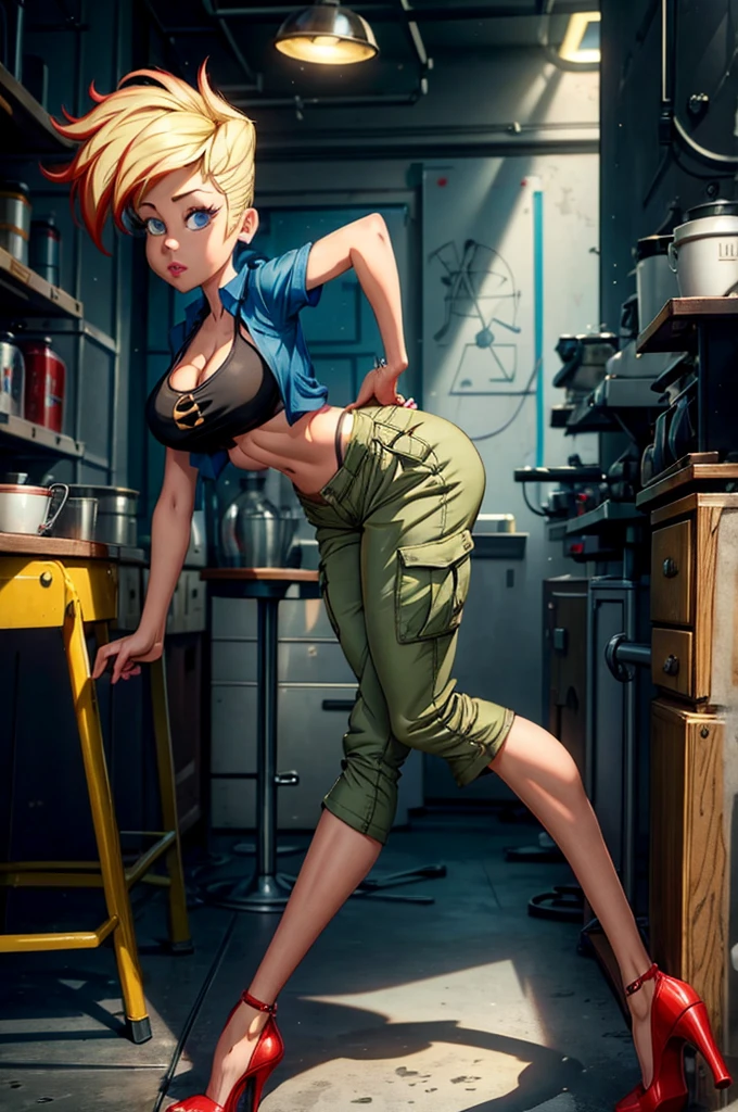 ((masterpiece, best quality)),(complex light),1girl, solo, portrait, jenny test, blonde hair,blue eyes, pants, midriff, open shirt, tank top, cleavage, large breasts, long hair, short sleeves shirt, looking at the viewer, platform high heels 