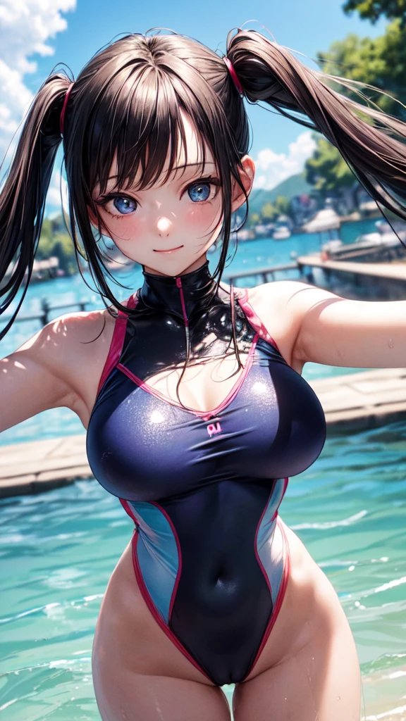 (((masterpiece,best quality,ultra detailed,high resolution))),(daytime,clear weather),looking viewer,((2-girls,
beautiful girls)),teenage,(black hair,beautiful hair),(beautiful detailed face,beautiful detailed eyes),(finely detailed skin,fair skin),slender,light smile,shy,(one-piece competition swimsuits),(in the beautiful lake,beautiful sky),((cowboy shot)),(medium breast,perky breast,medium hip),(cameltoe),((symmetrical docking)),arms up behind,