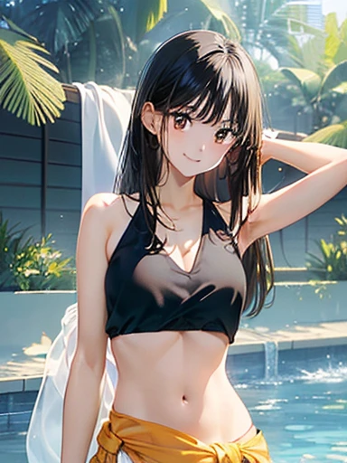 masterpiece, High resolution, High resolution, High resolution, Girl, cute, adorable, smiling, straight hair, long hair, (black hair:1.3), (brown eyes:1.3), standing, (right arm up behind:1.2), (shows armpit:1.2), (left　arm Lower waist:1.2), Swayback stance, looking at the camera, From the front, from thighs to head, pool, daylight,(Sarong-pass:1.5)