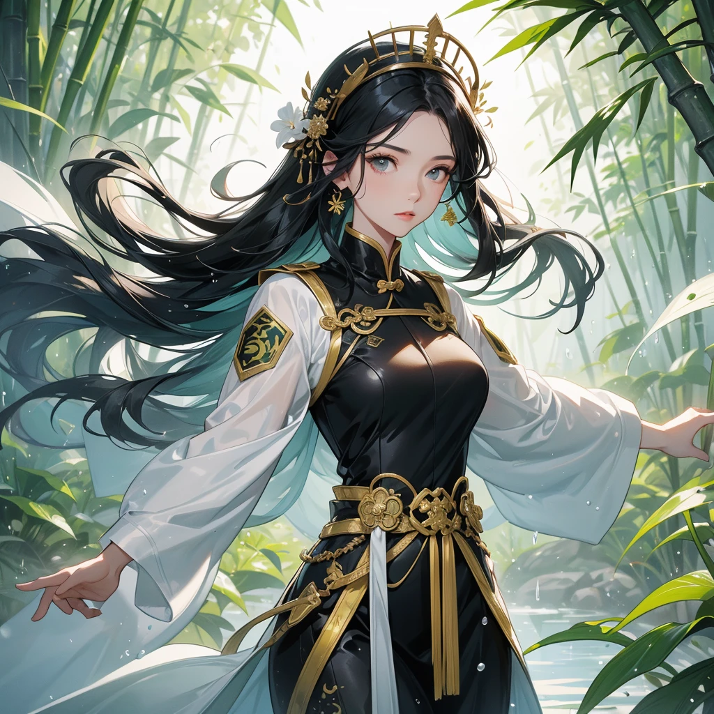 a beautiful woman black-haired female general holding a large sword in ancient Chinese general costume, the back-white is a lush green bamboo forest. the air after rain has water droplets splashing around.